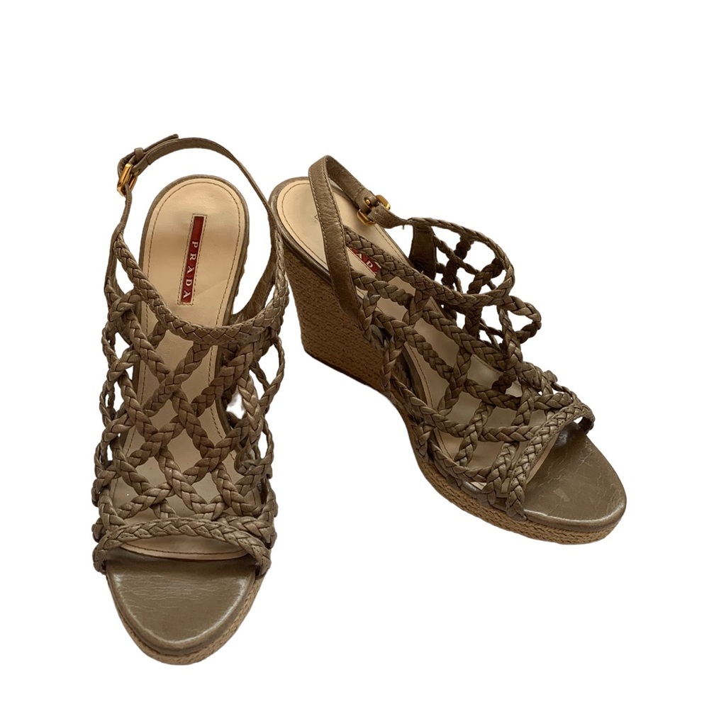 Prada Braided Taupe Wedge Espadrilles 9.5/ EU 40.5